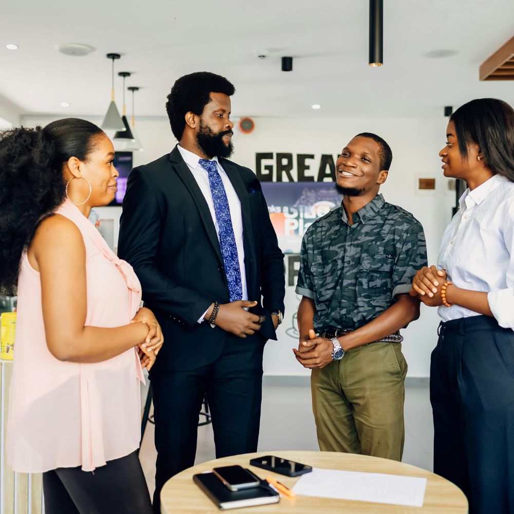 group of employees talking